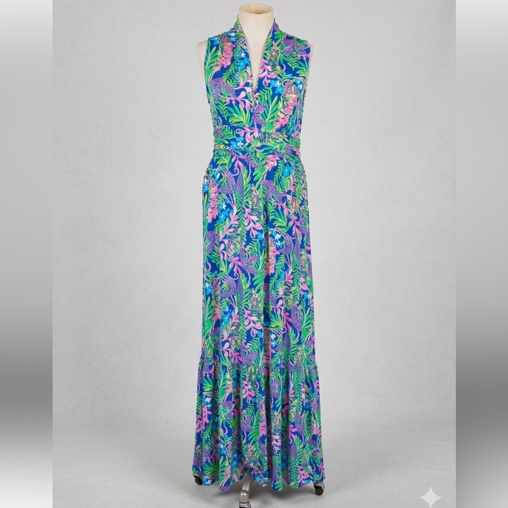 Lilly Pulitzer Sleeveless Tropical Print Maxi Dress in Blue and Green